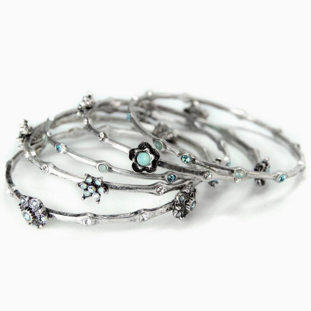 Set Of 5 Silver Retro Bangle Bracelets